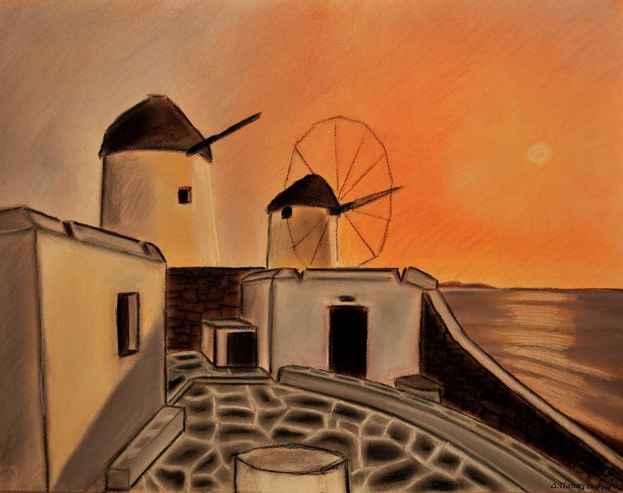 Greek Pastel - Greek Landscape Windmills  by Dimitra Papageorgiou