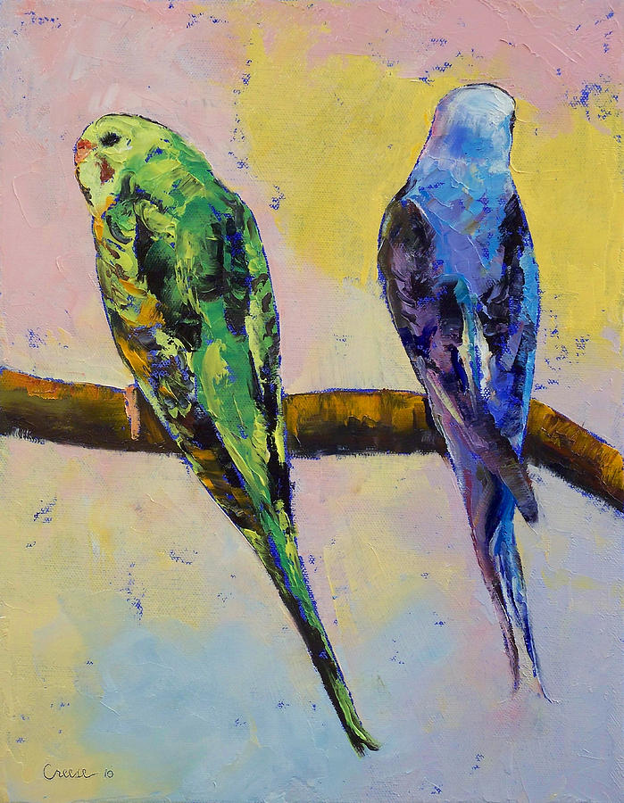 Green and Violet Budgies Painting by Michael Creese