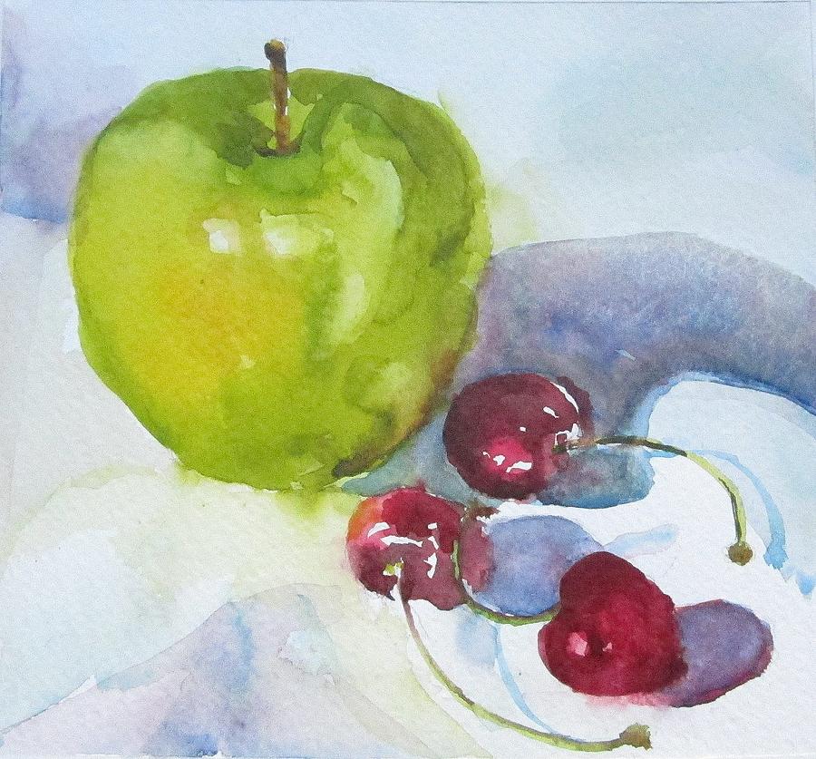 Green Apple and Cherries Painting by Judith Scull