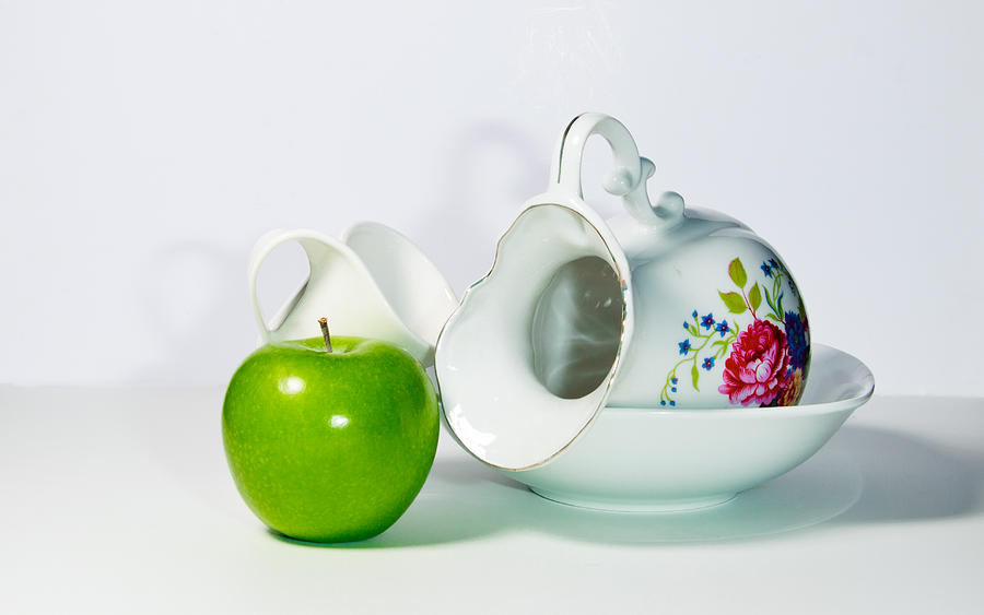 Green Apple and Porcelain Photograph by Cecil Fuselier