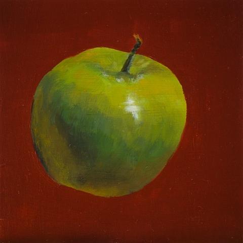 Green Apple on Red Painting by Joyce Snyder