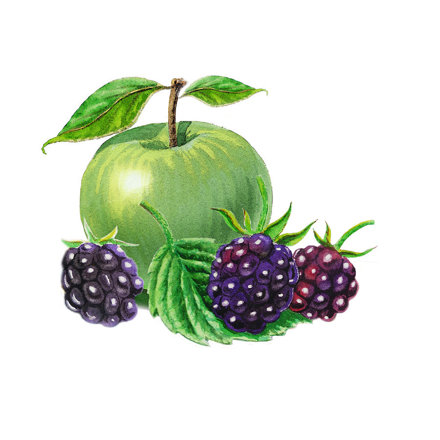 Green Apple With Blackberries Painting by Irina Sztukowski