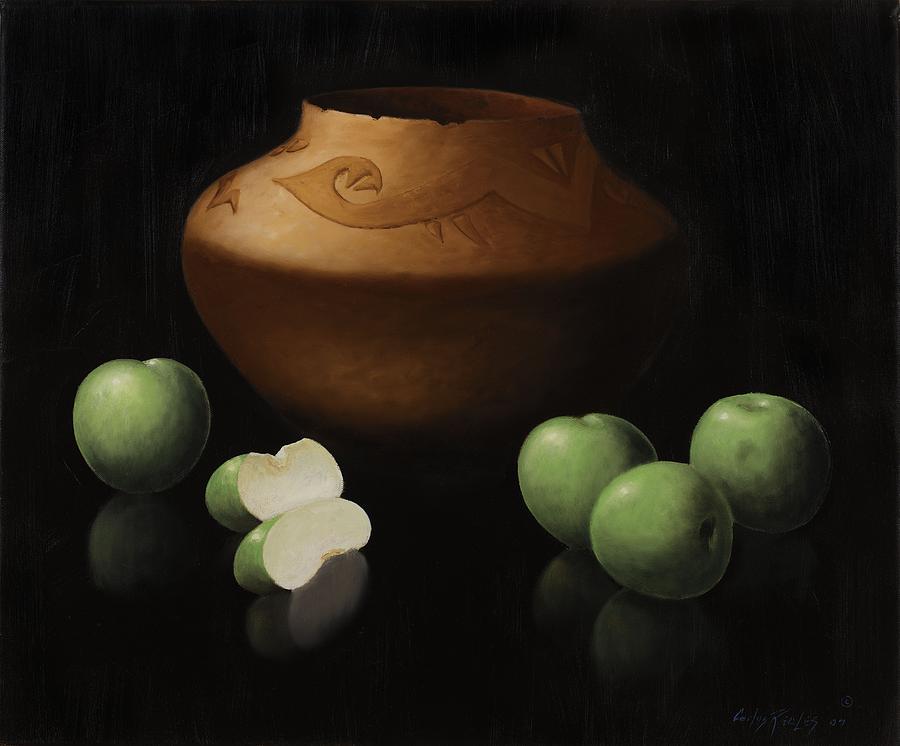 Still Life Painting - Green Apples and Vase by Carlos Reales