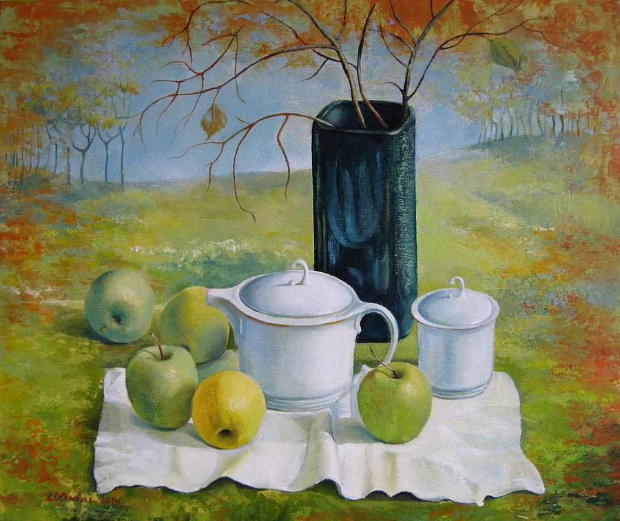 Fantasy Painting - Green apples - Still life by Elena Oleniuc