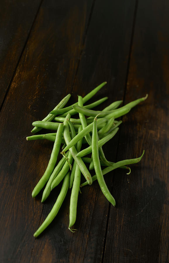 Green Beans On Wooden Table, Close Up Photograph by Westend61