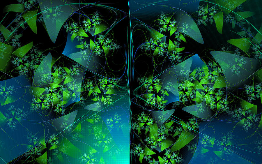 Abstract Digital Art - Green blue and black abstract fractal art by Matthias Hauser
