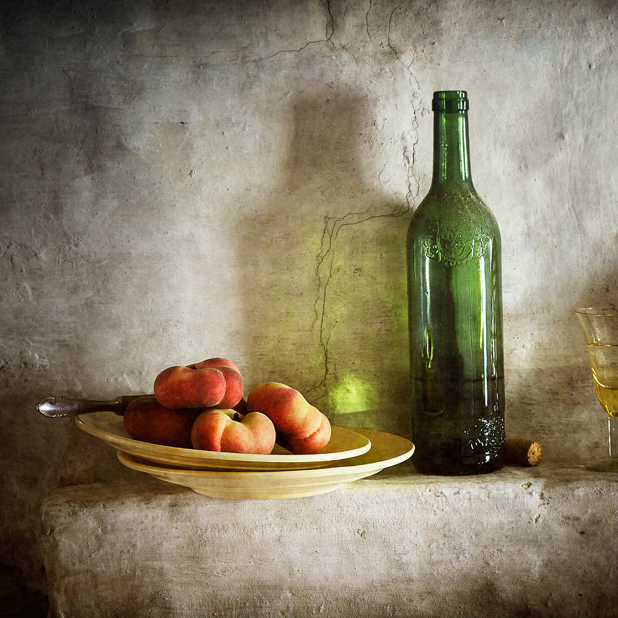 Green Bottle And Peaches Photograph by Nikolay Panov