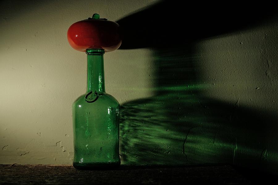 Green Bottle And Tomato With Shadow 3 Photograph