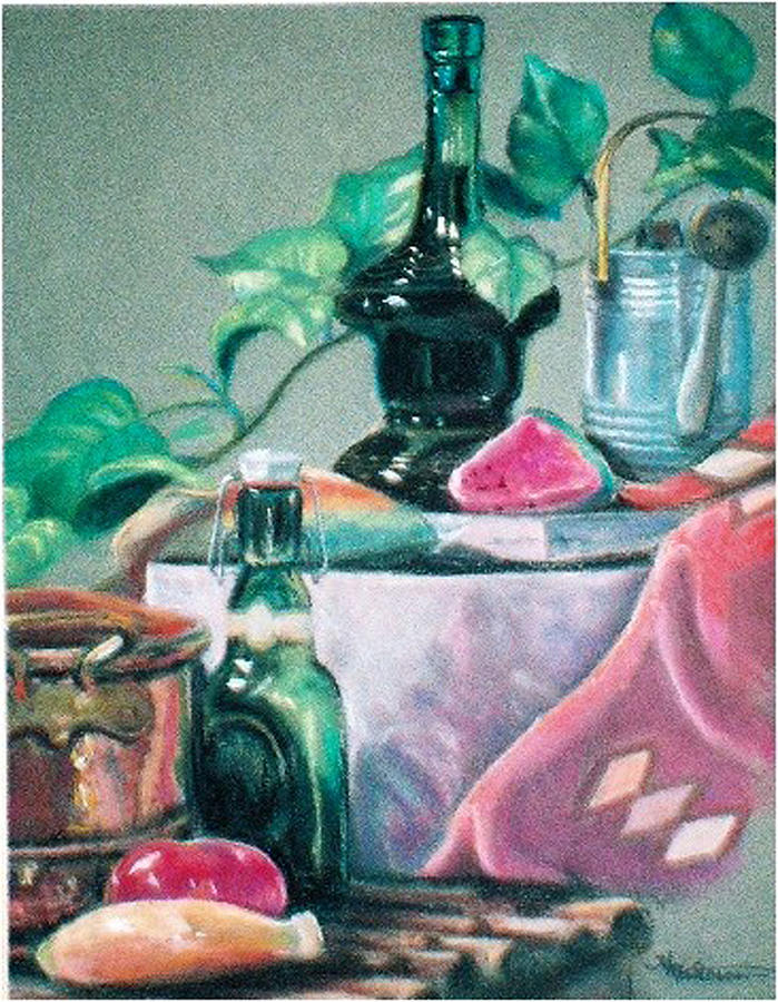 Green Bottles and Copper Pastel by Harriett Masterson