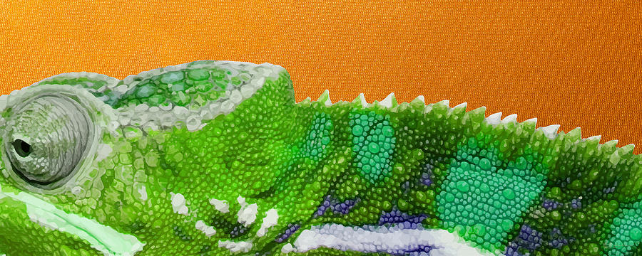 Green Chameleon on Orange Digital Art by Serge Averbukh