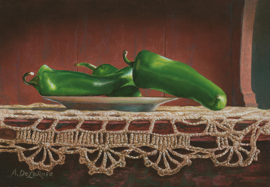 Green Chilies on a plate Painting by Abel DeLaRosa