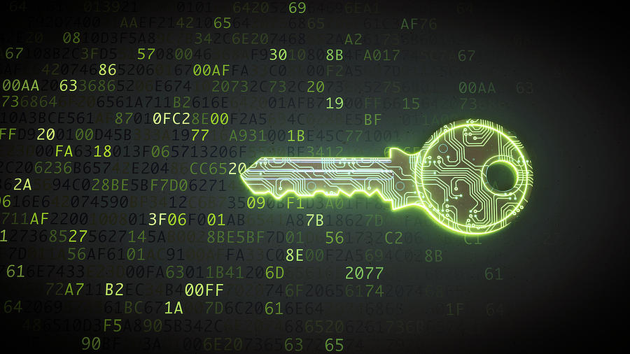 Green circuit digital key on binary code Photograph by Matejmo