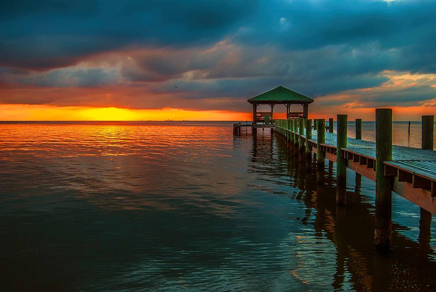 Green Dock and Golden Sky Digital Art by Michael Thomas