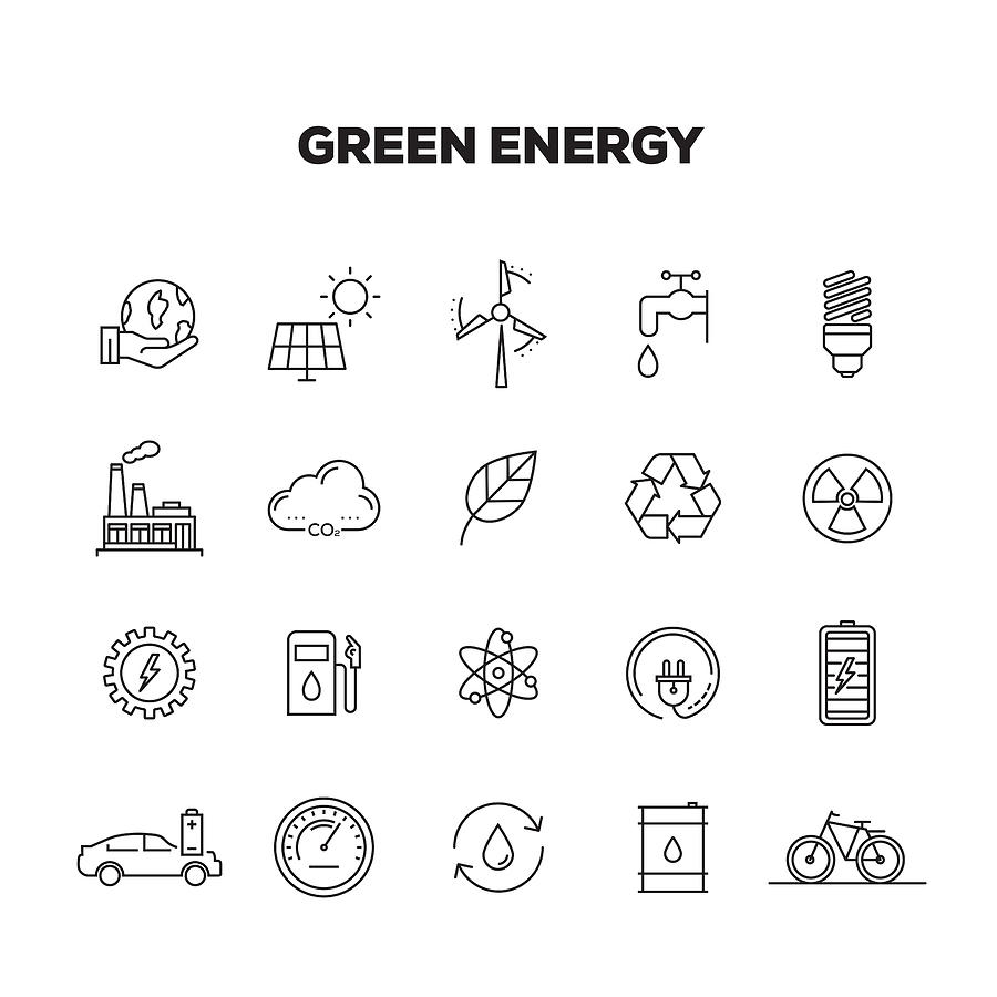 Green Energy Line Icons Set Drawing by Cnythzl