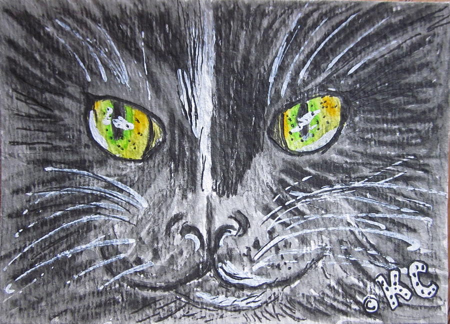 Green Eyes Black Cat Painting by Kathy Marrs Chandler