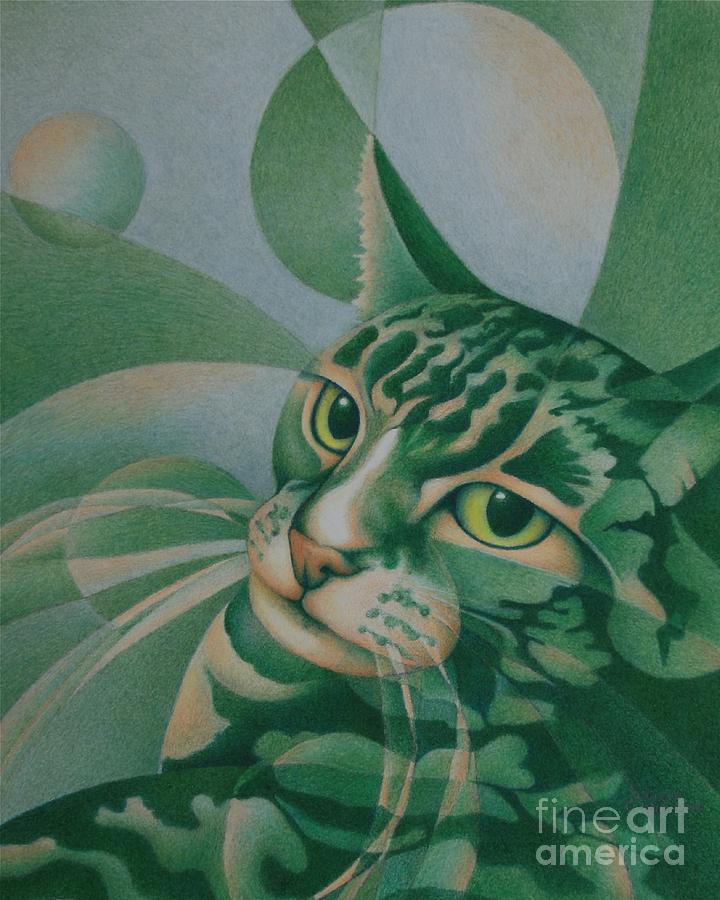 Green Feline Geometry Painting by Pamela Clements