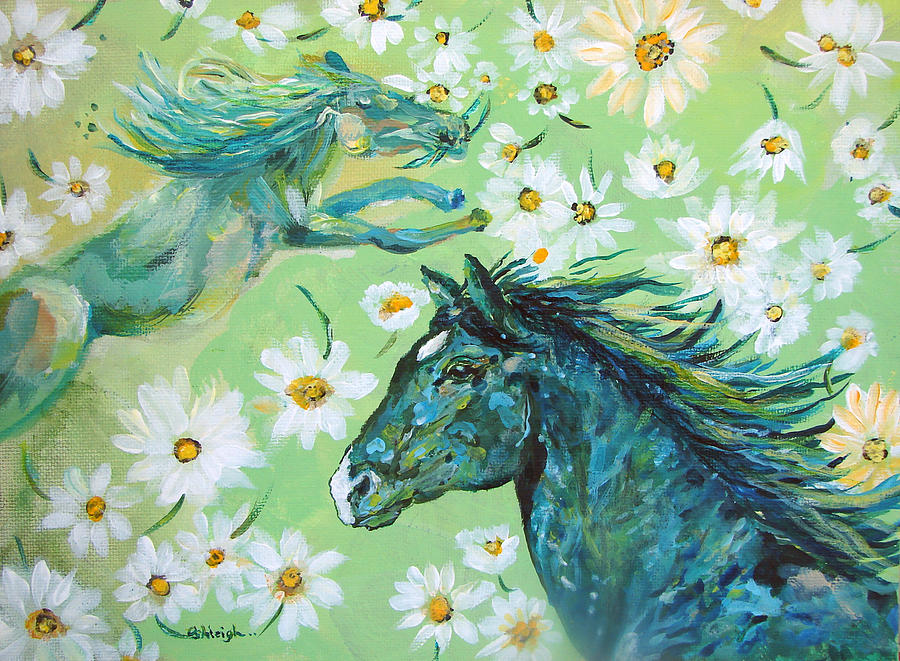 Green Horses with Sweet Daisies Painting by Ashleigh Dyan Bayer
