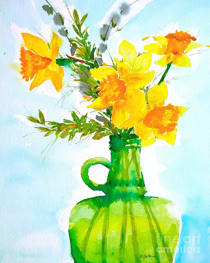 Berts Green Jug of Daffodils  Painting by Nancy Patterson