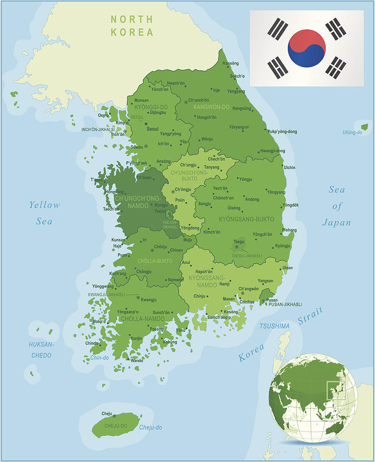Green Map of South Korea - states, cities and flag Drawing by Pop_jop