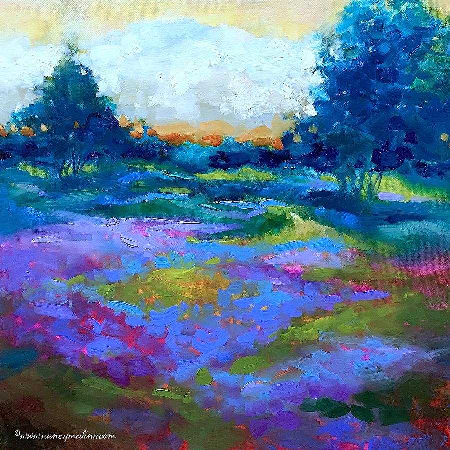 Flower Painting - Green Meadow Lavender Field by Nancy Medina