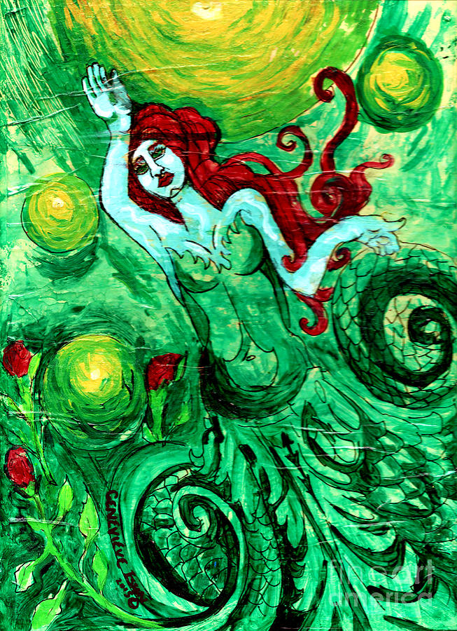 Green Mermaid With Red Hair And Roses Painting by Genevieve Esson