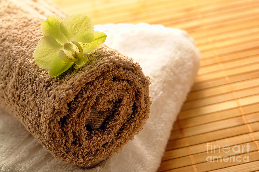 Green Orchid Flower on Towels Photograph by Olivier Le Queinec