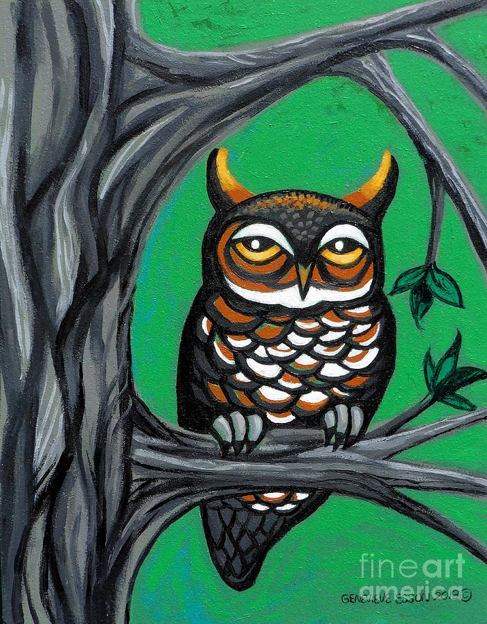 Green Owl Painting by Genevieve Esson
