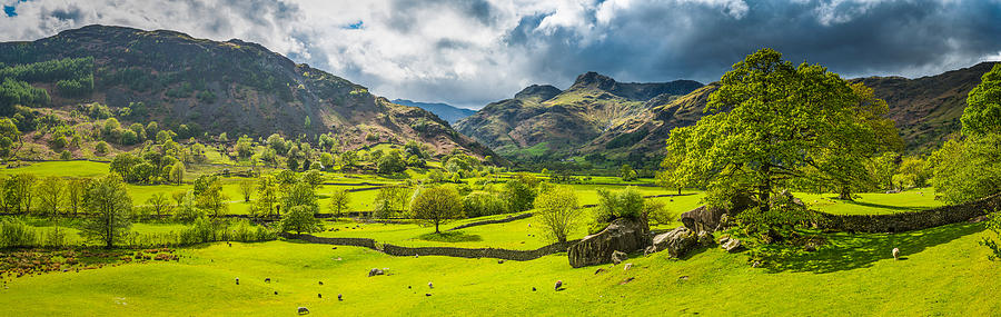 Green pasture idyllic mountain valley panorama Langdale Lake District Cumbria Photograph by fotoVoyager
