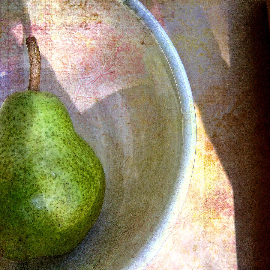 Green Pear with Flowered Background Still Life  Photograph by Louise Kumpf