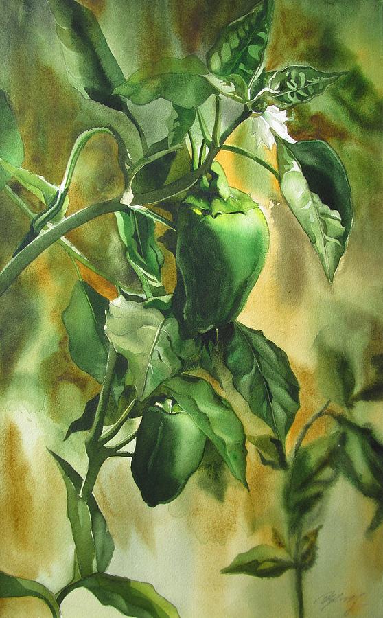 Green peppers from our garden Painting by Alfred Ng