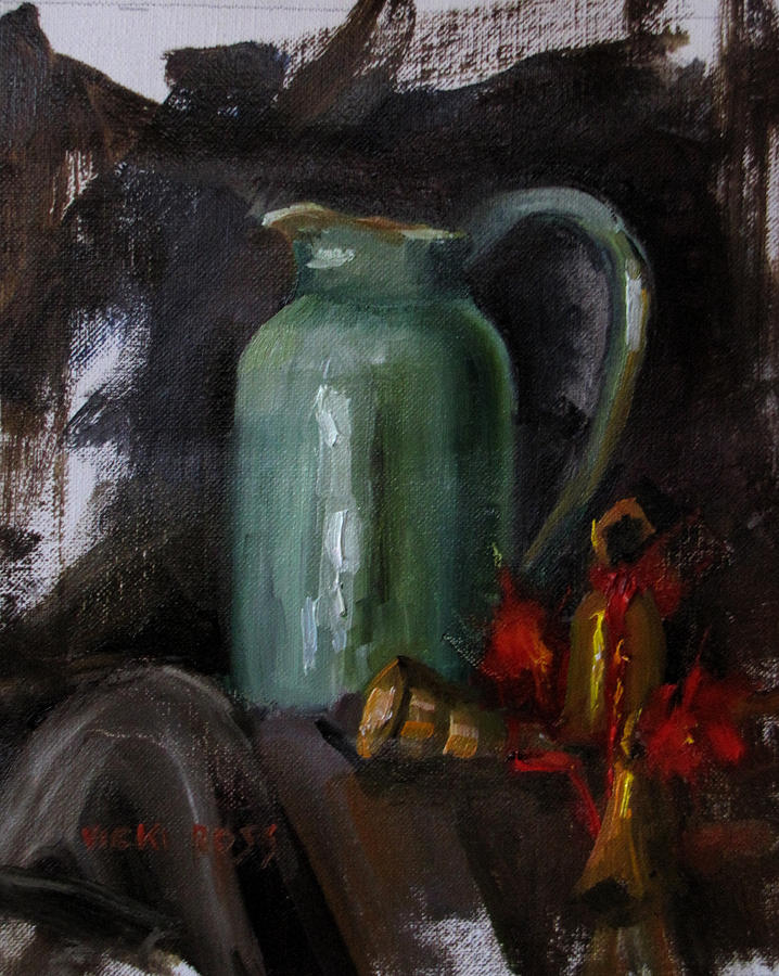 Green pitcher and bells Painting by Vicki Ross