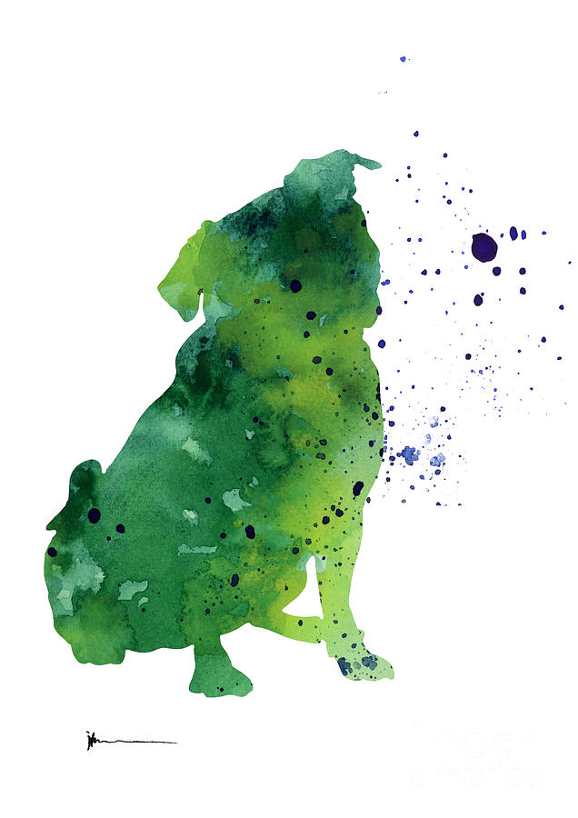 Dog Painting - Green pug dog silhouette artwork by Joanna Szmerdt