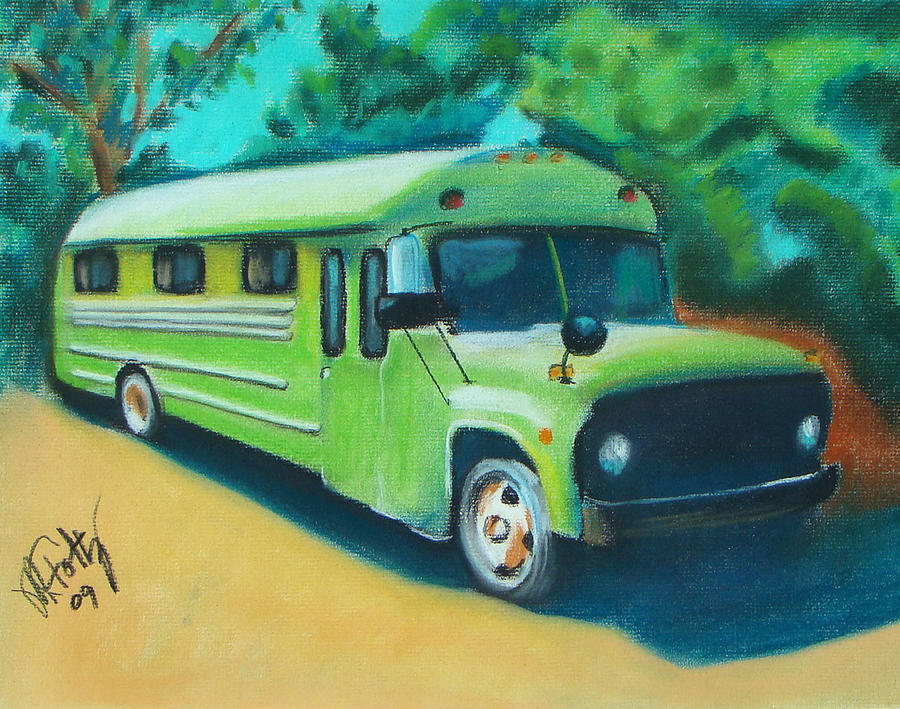 Green School Bus Painting by Michael Foltz