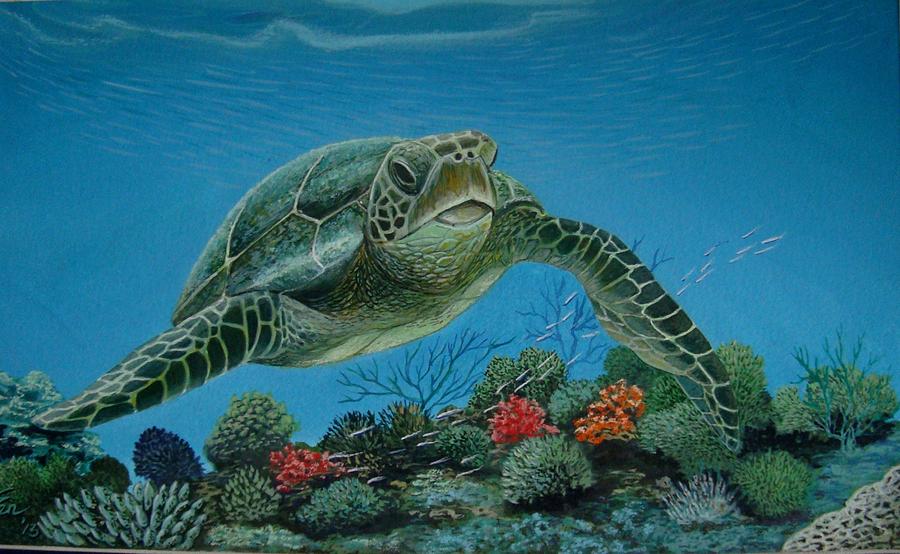 Green Sea turtle Painting by Sen Fineart - Fine Art America