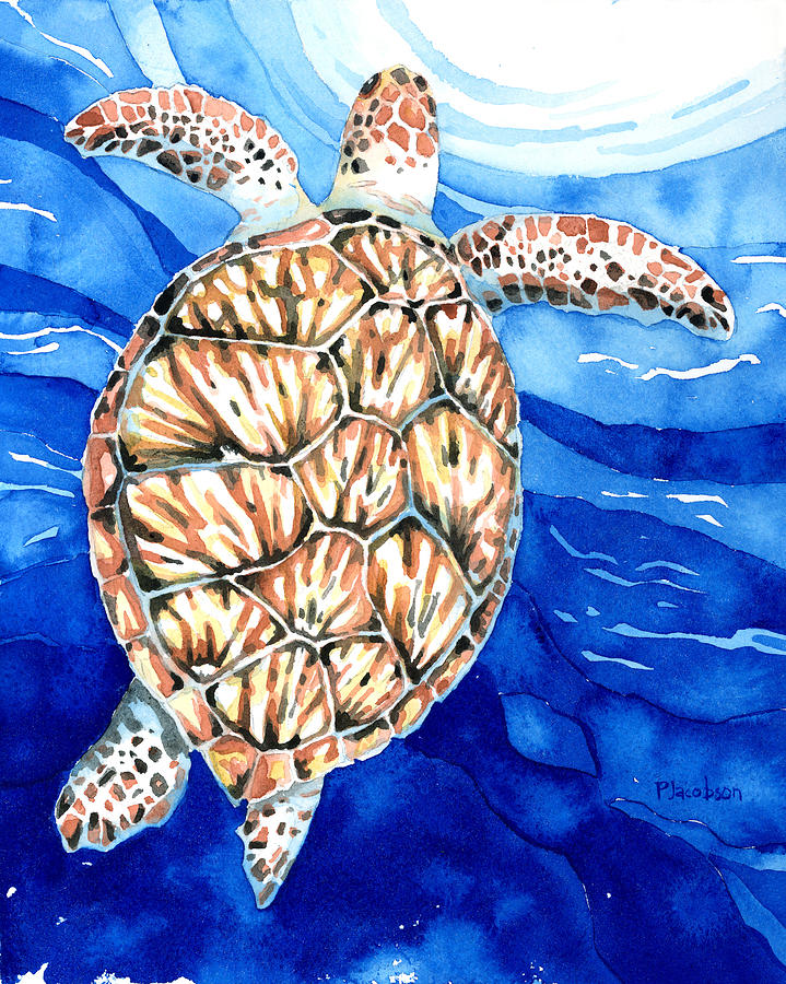 Green Sea Turtle Surfacing Painting by Pauline Walsh Jacobson