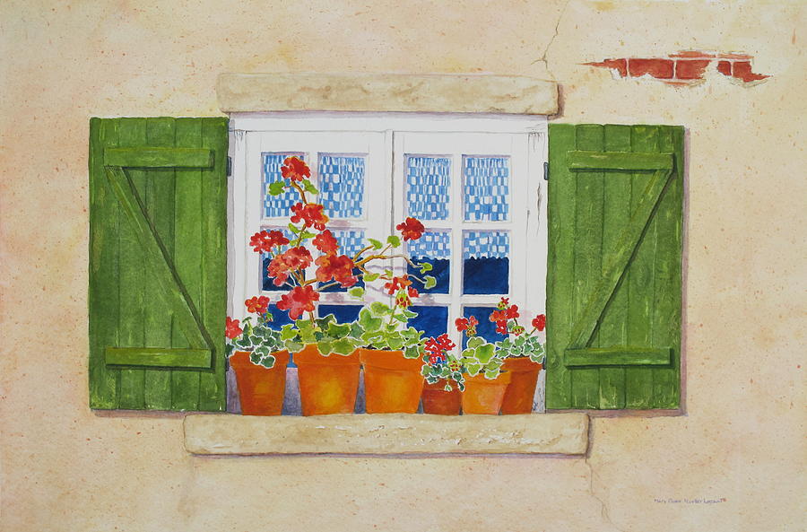 Green Shutters with Red Flowers Painting by Mary Ellen Mueller Legault