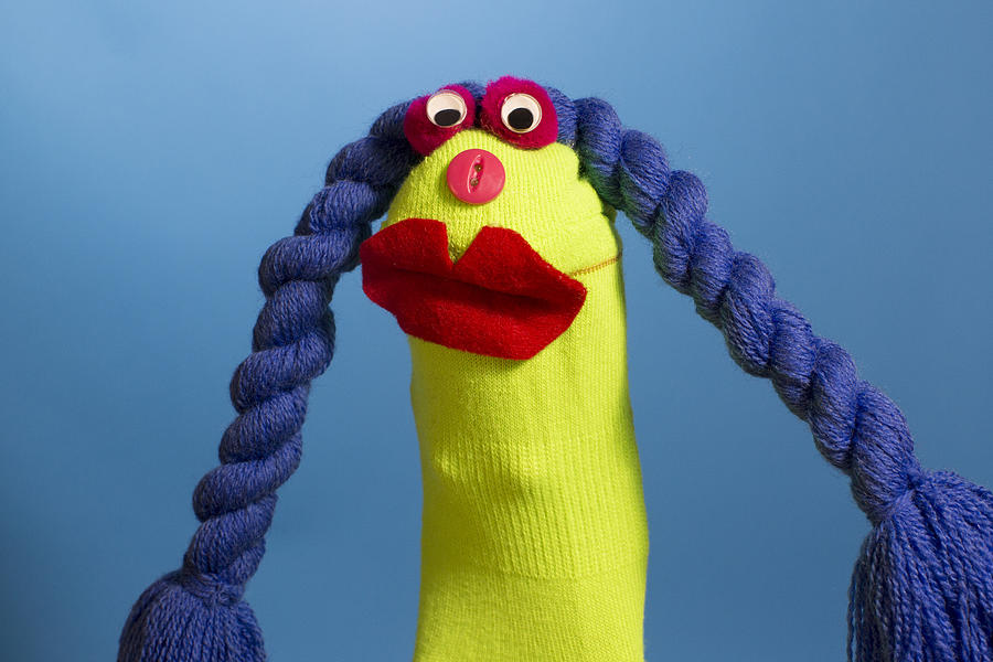 Green Sock Puppet with Blue Braided hair and Big Red Lips Photograph by Mimi Haddon Green Sock Puppet with Blue Braided hair and Big Red Lips Photograph by Mimi Haddon