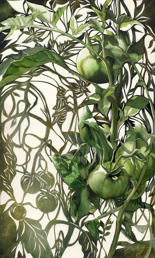 Green tomatos with grasshopper Painting by Alfred Ng