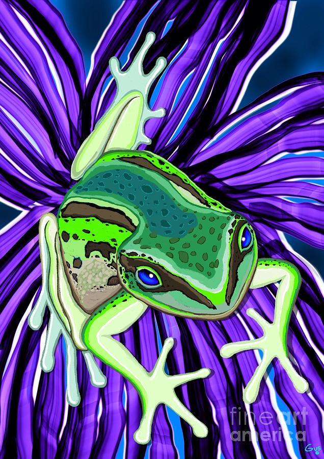 Green Tree Frog on Purple Flower Painting by Nick Gustafson