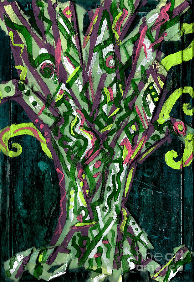 Green Tree With Pink Watercolor Painting by Genevieve Esson