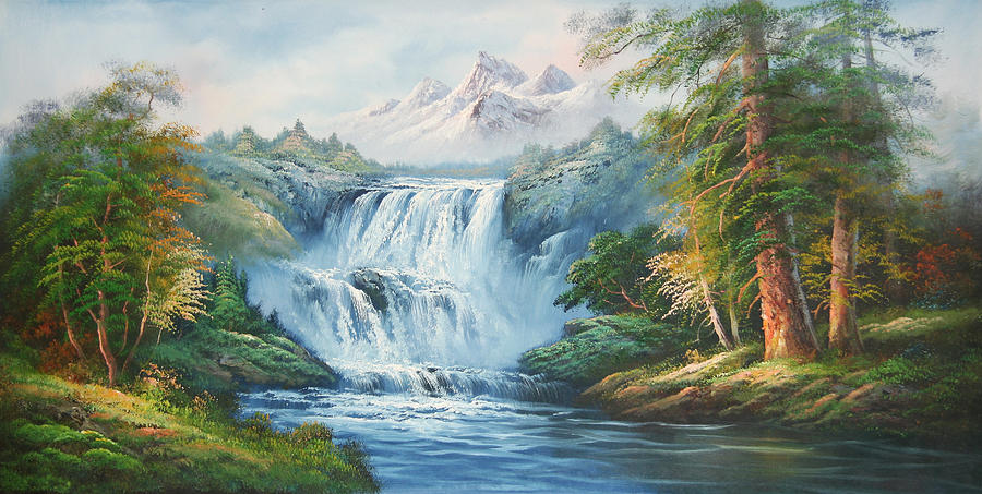 Green Trees Standing Along The Waterfall Painting by Unknown - Fine Art ...