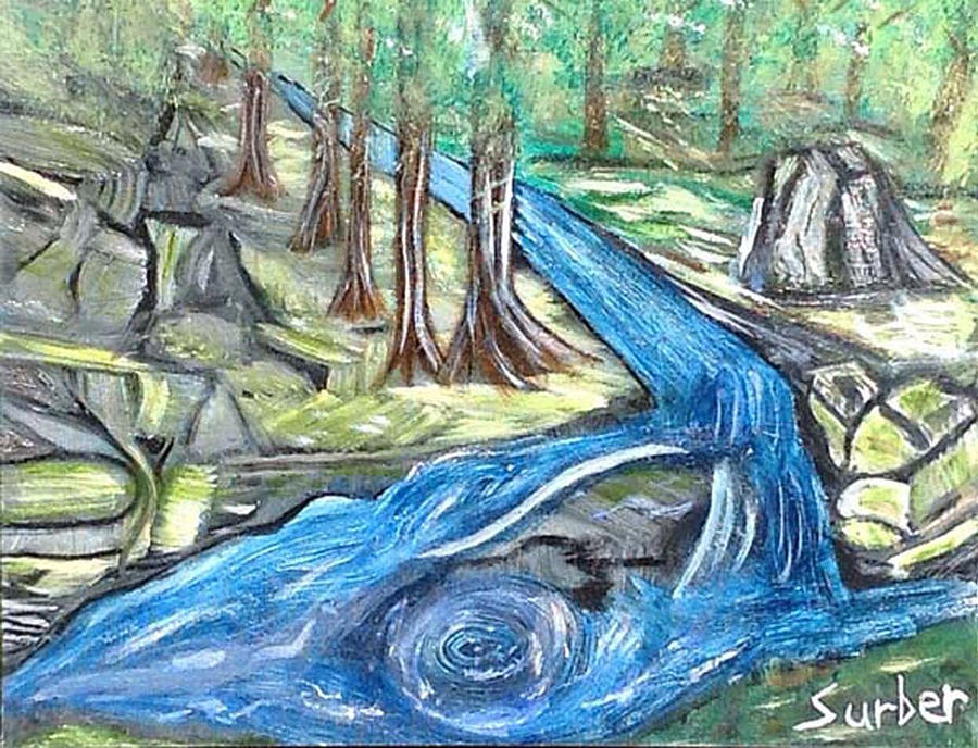 Green Trees with Rocks and River Painting by Suzanne Surber