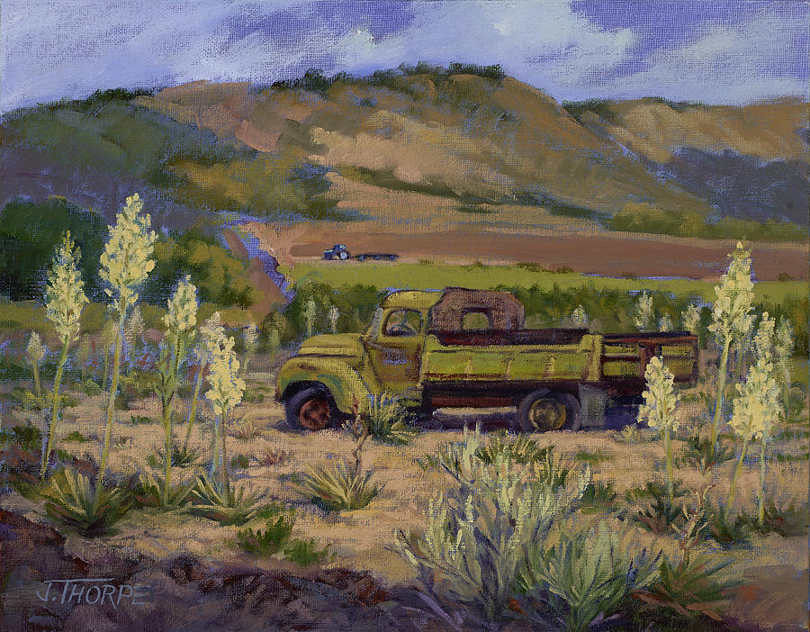 Green Truck- Blooming Yuccas Painting by Jane Thorpe