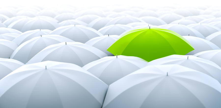 Green umbrella. Different, leader, unique, boss, individuality, original, special concept Photograph by Filograph