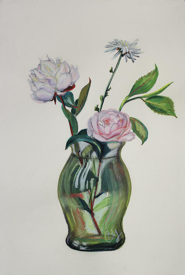 White Peony Painting - Green Vase with Pink Camillia and White Peony by Asha Carolyn Young
