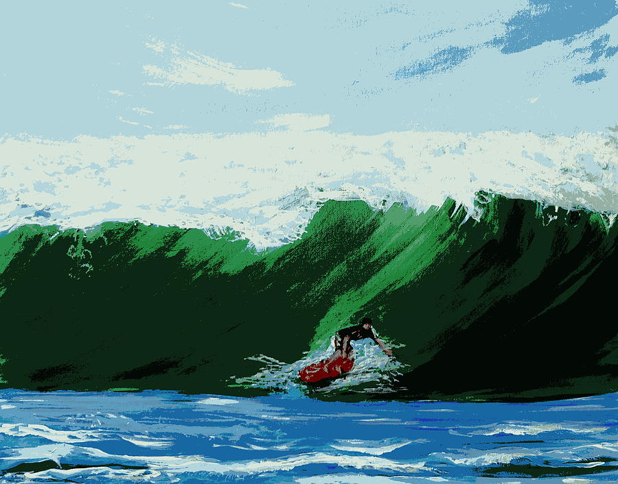 Green Wave Red Surfboard Painting by Katy Hawk