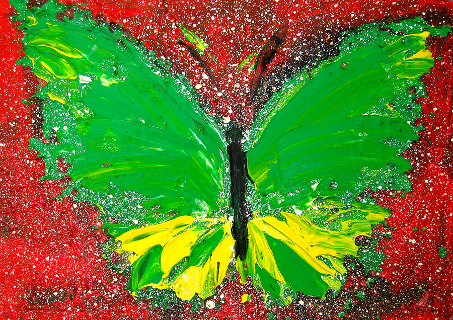 Green Yellow Butterfly with red background Painting by Patricia Awapara