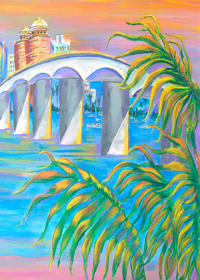 Sunset Painting - Ringling Bridge with Palm Fronds by Lyla Mitchell