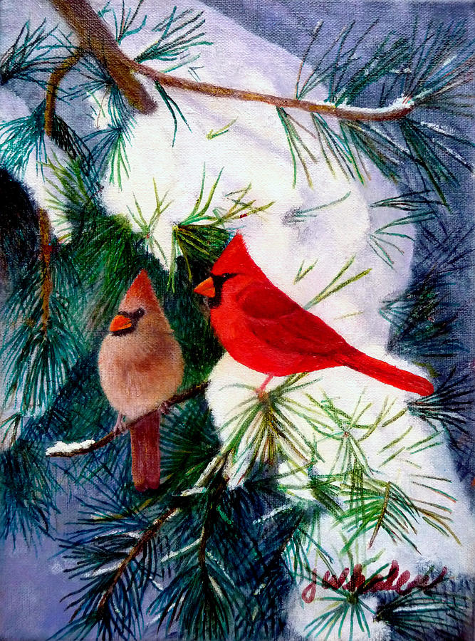 Greeting Cardinals Painting by Jim Whalen
