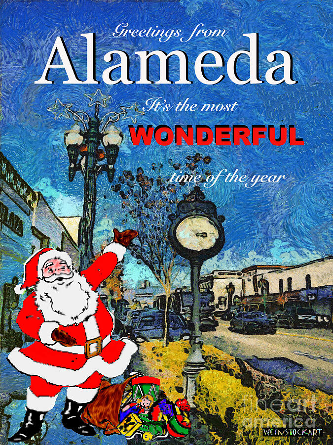 Clock Painting - Alameda Christmas Greeting by Linda Weinstock